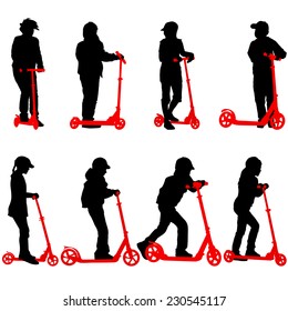 Set of silhouettes of children riding on scooters. Vector illustration.
