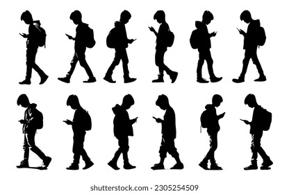 set of silhouettes of children walking while using smartphones