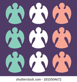 Set with silhouettes of Christmas angels on color background. Vector illustration.