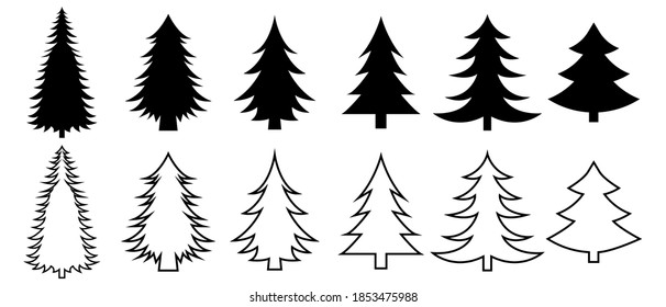 Set of silhouettes of Christmas trees on a white background, template of vector elements for design. Vector illustration EPS 10