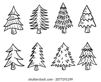Set of silhouettes of Christmas trees on a white background illustration Outline