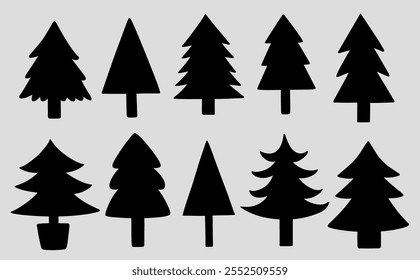 A set of silhouettes of Christmas trees on a light gray background. Suitable for season and holiday decorations. Black and white vector hand-drawn illustration.