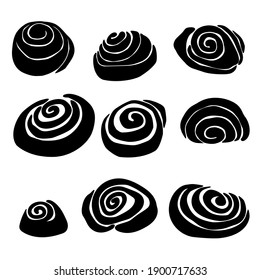 Set of silhouettes of cinnamon buns, cinnamon roll of various types, logo for a sweets store or bakery vector illustration