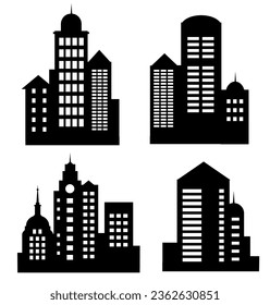 A set of  silhouettes of city buildings, background  cities flourishing, fully built, concentrated highrise  the neat and dense hard and strong  modern  building