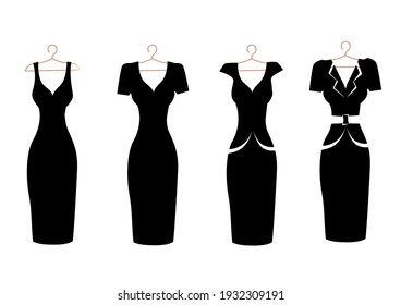 Set of silhouettes of classic dresses on a hanger black on white. Isolated set for advertising, flyer, card.