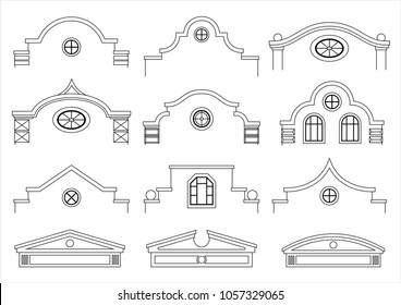 A set of silhouettes of classic vintage facades. Templates for colorings. Vector graphics. Architectural elements of pediments