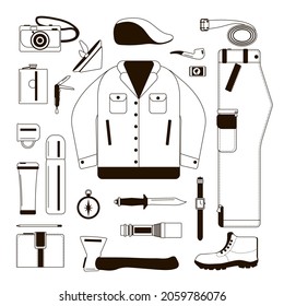 Set von Silhouetten von Kleidung für Männer. Schwarze Umrisse auf weißem Hintergrund. Reiseschrank Artikel. Außenbekleidung und Werkzeuge.