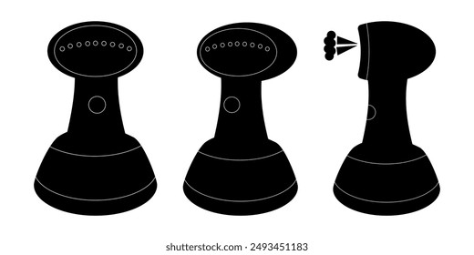 set of silhouettes of a clothes steamer from different angles, icons of home appliances