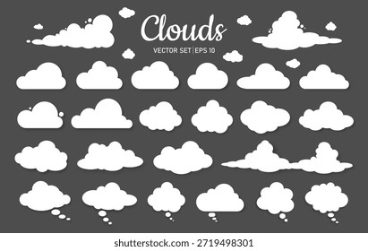 Um conjunto de silhuetas de nuvens com uma sombra branca de diferentes formas sobre um fundo cinza escuro. Elementos para seu design. Vetor EPS 10