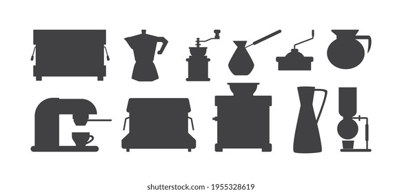 Set of silhouettes of coffee machines and grinders vector illustration isolated.