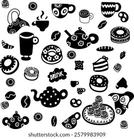 set of silhouettes of coffee shop doodle for various designs