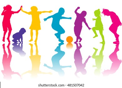 Set of silhouettes of colored children playing