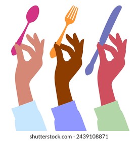 Set of silhouettes of colorful female hands with table knife, fork and spoon in fingers isolated on white. Vector illustration