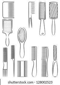 A set of silhouettes of combs for hair