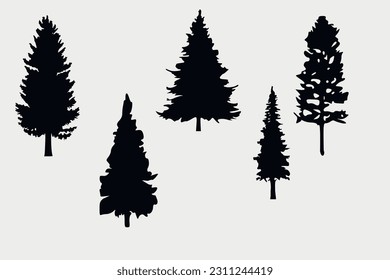 Set of silhouettes of coniferous trees
