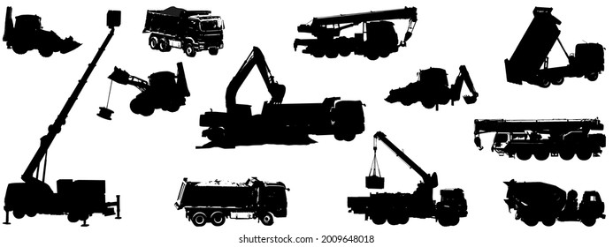 Set of silhouettes of construction equipment. Dump trucks, backhoe loaders, truck cranes, loader cranes and other vehicles isolated on white background. Vector, eps10.