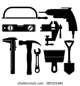 set of silhouettes of construction tools