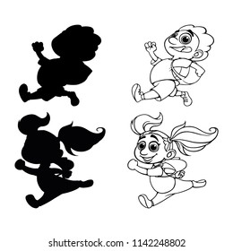 A set of silhouettes and a contour pupils boy and girl happily run. Vector illustration