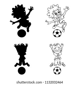 Set of silhouettes and a contour of soccer players playing ball. Vector illustration