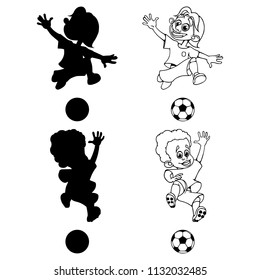 Set of silhouettes and a contour of soccer players playing ball. Vector illustration