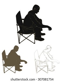 Set of silhouettes and contours of a man. A man rests sitting on a folding chair. Vector illustration