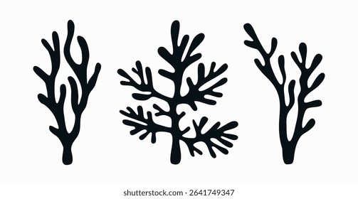 Set of silhouettes corals of various abstract shapes. Underwater seaweed , ocean plants. Hand drawn vector illustration isolated on white background, flat cartoon style.