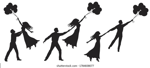 Set of silhouettes of a couple with balloons. 