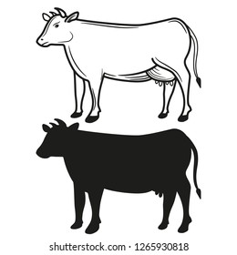 Set of silhouettes of cows. Black and white. Vecor illustration.