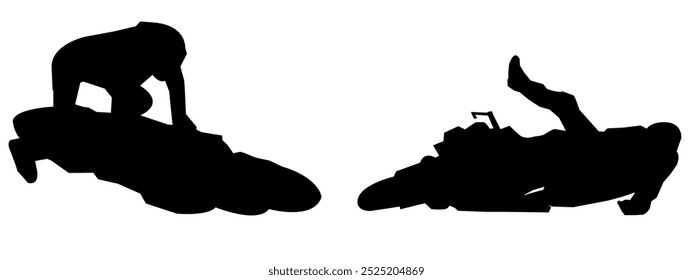 Set of silhouettes of crashing motorbike racers, extreme. Different poses, gestures. Vector illustration.