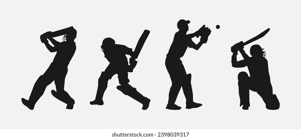 set of silhouettes of cricket athletes. isolated on white background. graphic vector illustration.