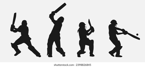 set of silhouettes of cricket athletes. isolated on white background. graphic vector illustration.