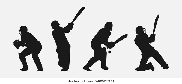 set of silhouettes of cricket athletes. isolated on white background. graphic vector illustration.