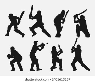 set of silhouettes of cricket athletes. isolated on white background. graphic vector illustration.