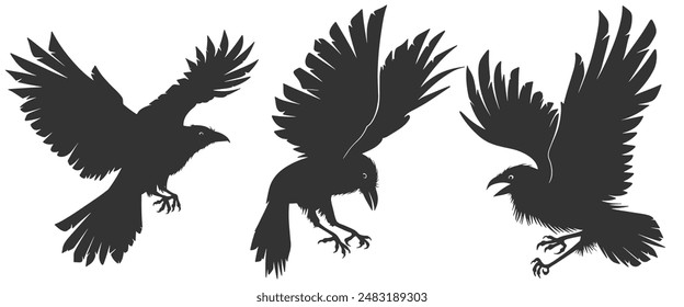 set of silhouettes of crow vector eps