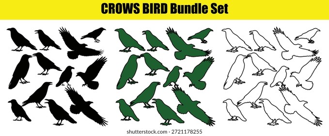 Conjunto de siluetas de cuervos Corvus corax en diferentes poses de pie, croak y mosca. Aves silvestres de la naturaleza y las ciudades. Animal de Vector realista