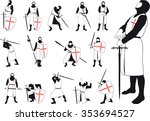 Set of silhouettes of Crusader with various weapons in different situations