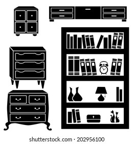 Set of silhouettes of cupboard, chests and bookshelf , black interior element. Vector illustration
