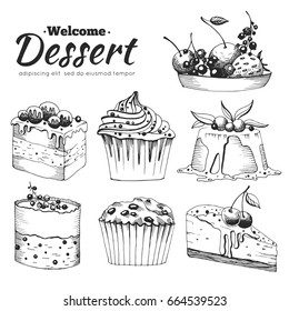 Set of silhouettes of cupcakes, cakes, cakes. Black silhouettes on white background