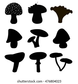 Set of silhouettes of cute cartoon  mushrooms isolated on white background. 