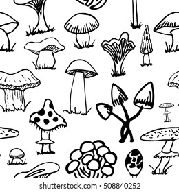 Set of silhouettes of cute cartoon mushrooms isolated on white background.