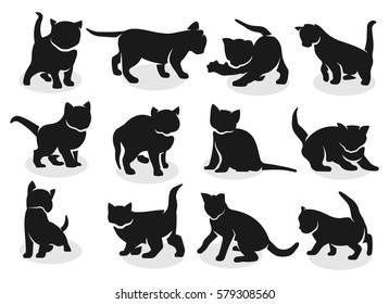 Set of silhouettes of cute kittens playing