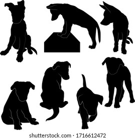 set of silhouettes of cute puppies (sit, back, stand, front, profile) vector isolated on white background