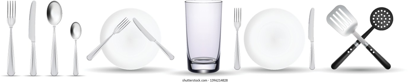 Set of silhouettes cutlery. Spoon, fork, blender, knives, skimmer, spatula. Cutlery for cooking. A set of cutlery for serving on white background. Vector illustration.