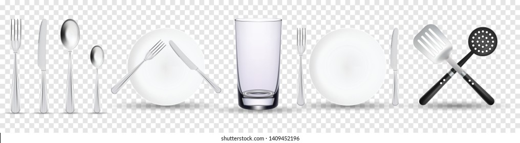Set of silhouettes cutlery. Spoon, fork, blender, knives, skimmer, spatula. Cutlery for cooking. A set of cutlery for serving on transparent background. Vector illustration.