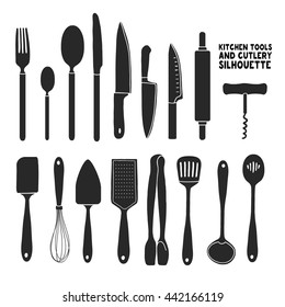 Set of silhouettes cutlery. Spoon, fork, blender, knives. Cutlery for cooking. A set of cutlery for serving. Black and white kitchen cutlery silhouettes. Vector.