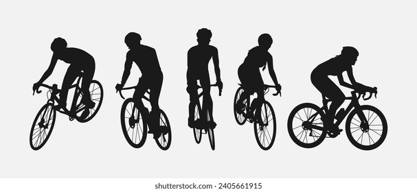 set of silhouettes of cyclist. sport, racing, vehicle, active concept. vector illustration.