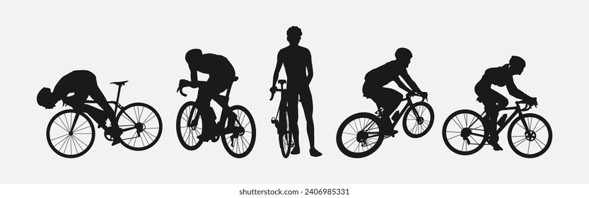 set of silhouettes of cyclist. sport, racing, vehicle, active concept. vector illustration.