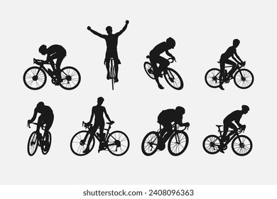 set of silhouettes of cyclist. sport, racing, vehicle, active concept. vector illustration.