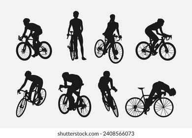 set of silhouettes of cyclist. sport, racing, vehicle, active concept. vector illustration.