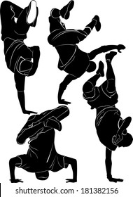 set of silhouettes of dancers breakdance dancer isolated on white background